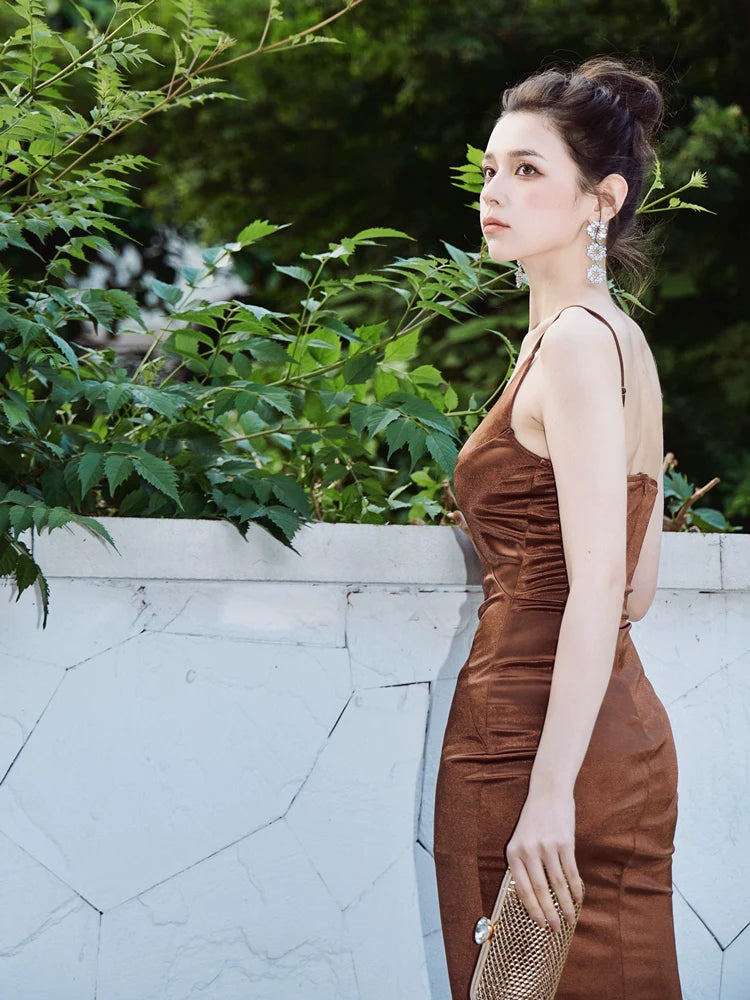 DOLLY Elegant Brown Sleeveless Satin Slim Fit Hip Hug Long Dinner Dress-CRESSIDA