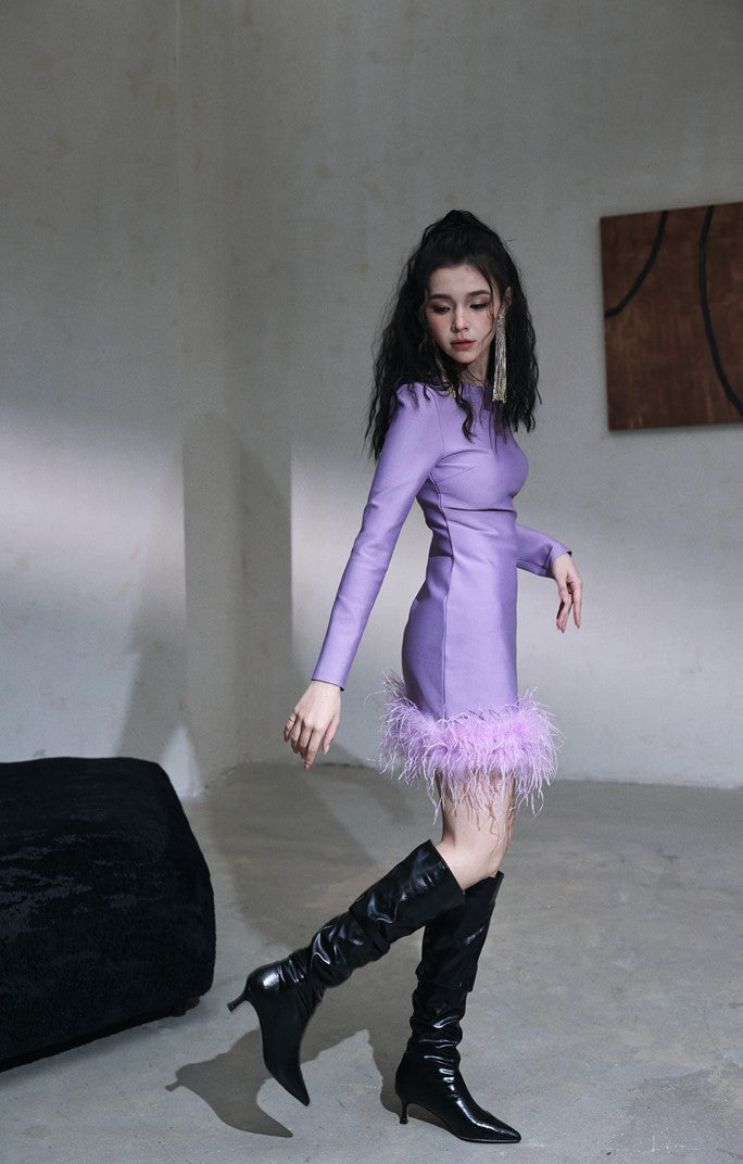 DOLLY Elegant Purple Fluffy Feather Long-Sleeve Dinner Dress-LEEN