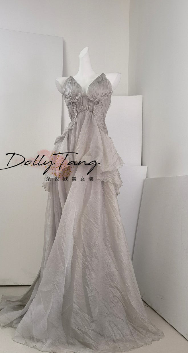 DOLLY Elegant Gray V-Neck Sleeveless Pleated Bandage Banquet Dress-MENA