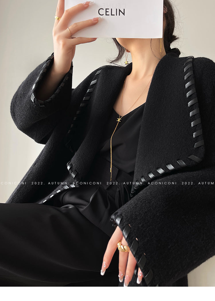 Aconiconi| Full wool coat classic double-sided wool woven belt coat -Nocturne