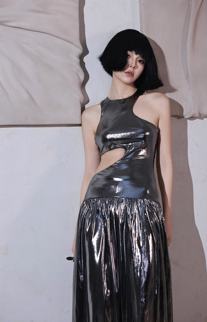 DOLLY High End Liquid Sliver Grey Crew Neck Sleeveless Pleated Street Dress-LEZY