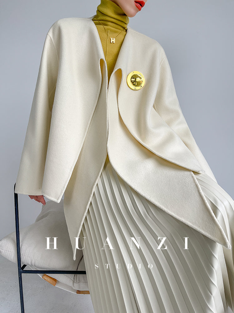 Huanzi wool tweed autumn winter short cashmere double-sided coat - Talfy