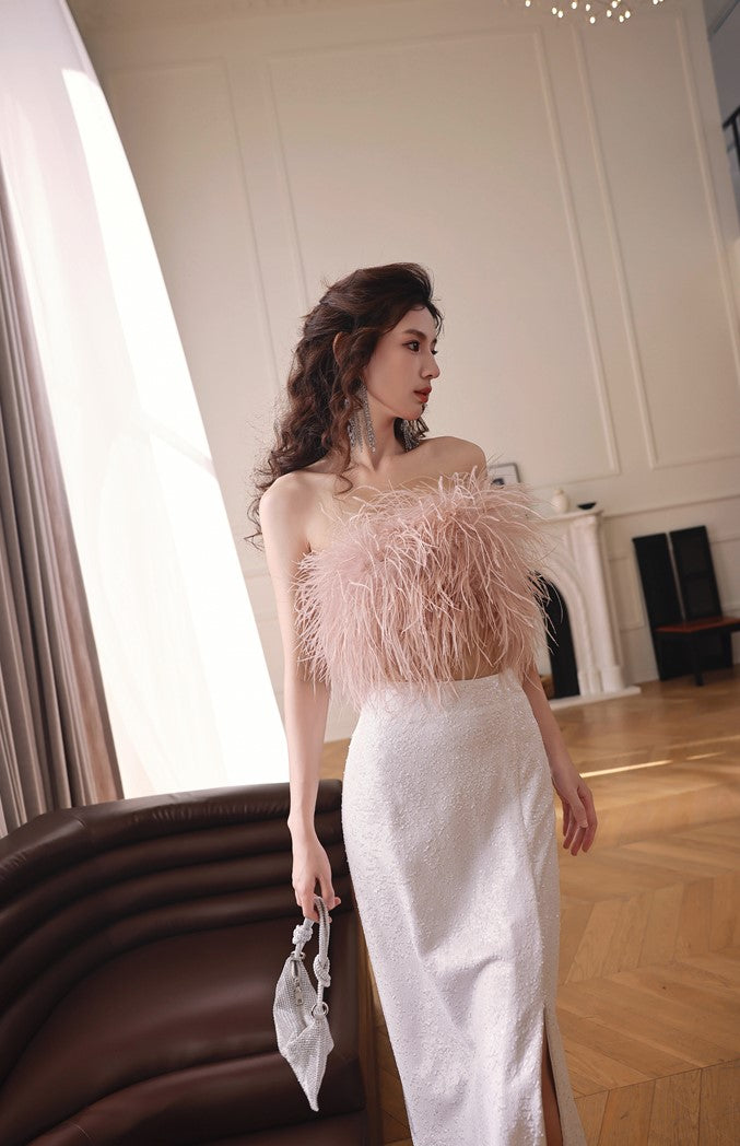 DOLLY Elegant Pink Fluffy Ostrich Feather Chic Tube Top-EMMA