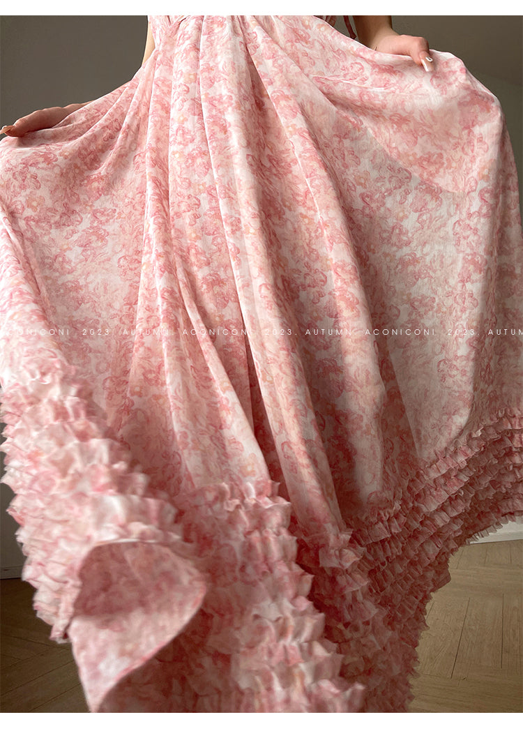 Aconiconi| halter-neck summer broken flowers vacation holiday style fairy dress - cherry blossom