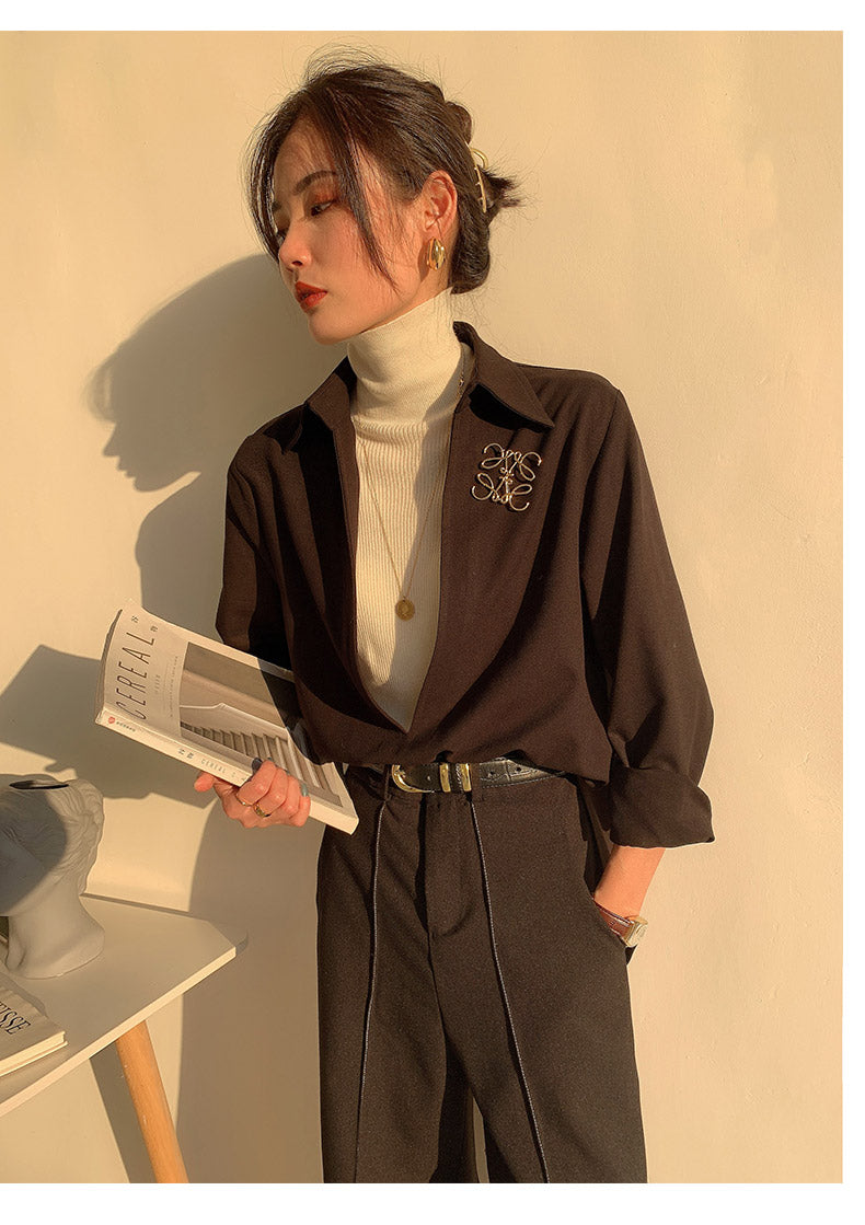 White V-neck v neck shirt long-sleeved shirt -Mmia