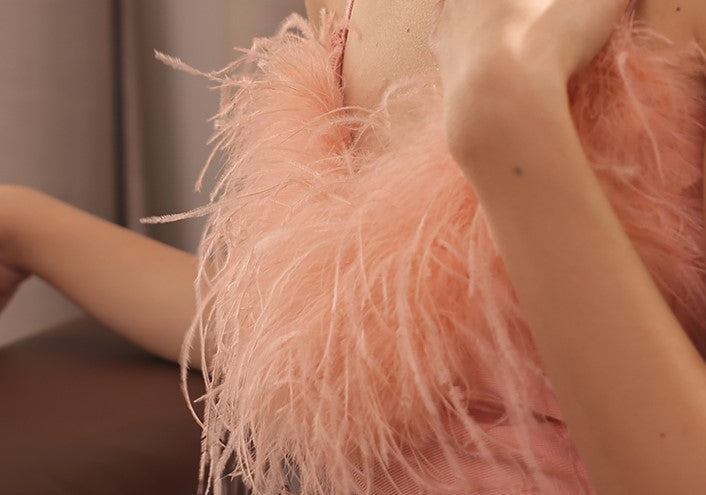 DOLLY Luxury Peach Pink Feather Tube Top Long Dinner Date Dress-VERO