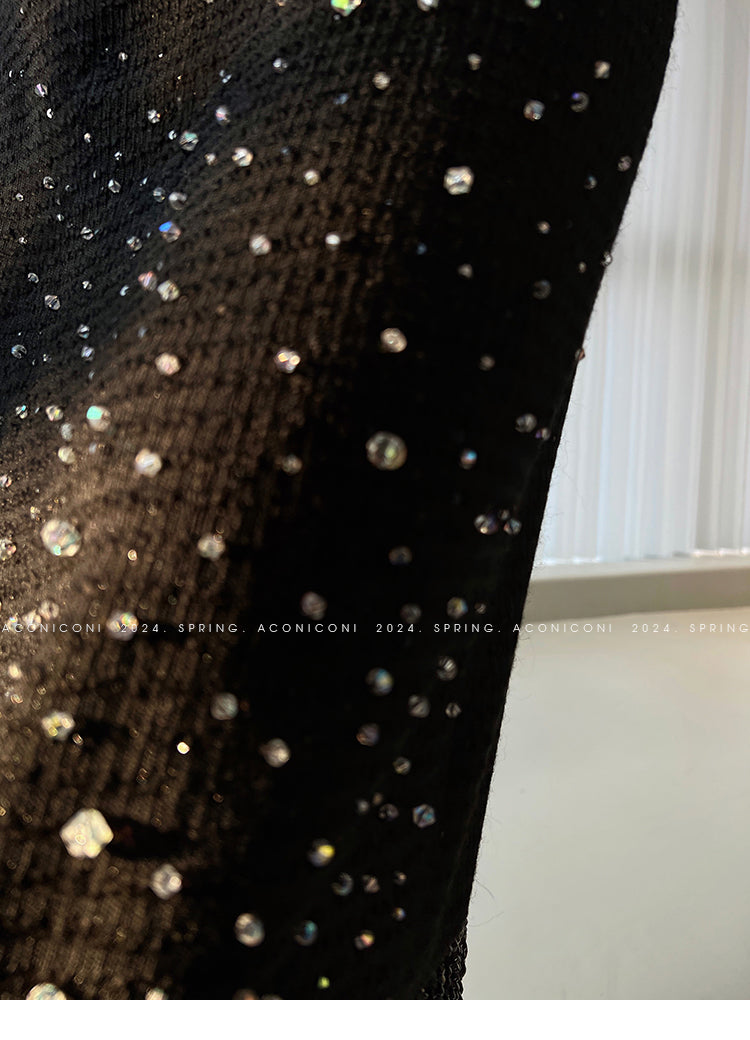 Aconiconi Elegant Black Retro High Waist Diamond Tassel Chic Skirt- Shallow Light