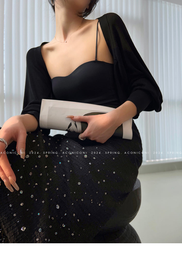 Aconiconi Elegant Black Retro High Waist Diamond Tassel Chic Skirt- Shallow Light
