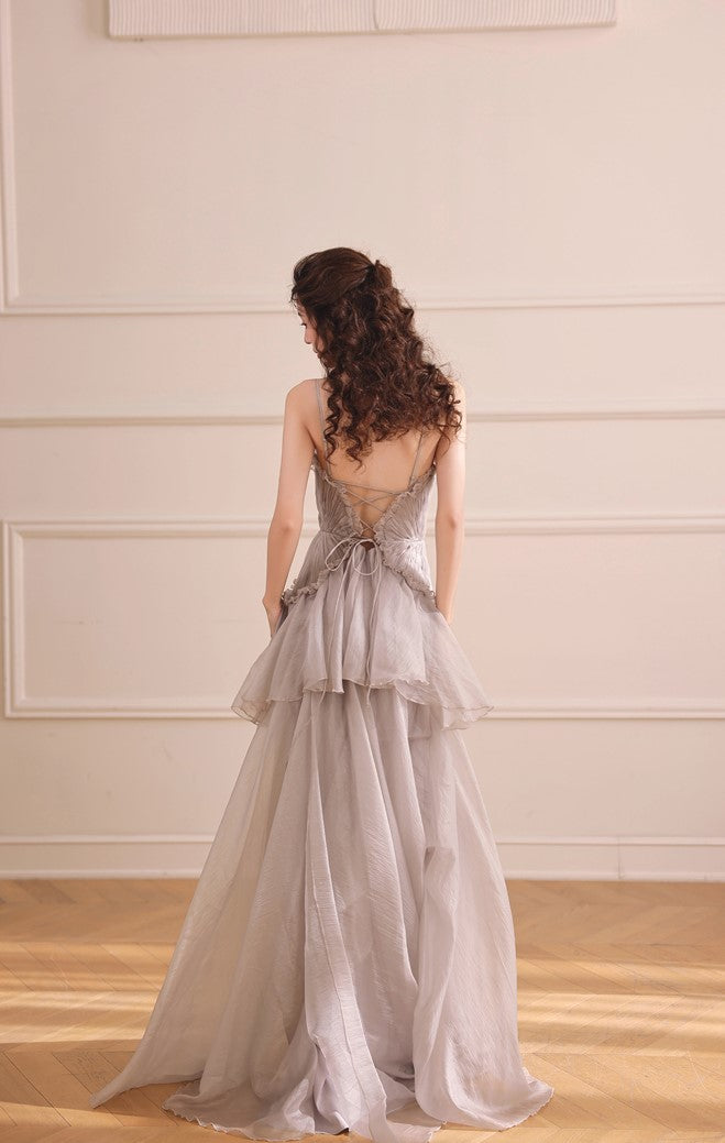 DOLLY Elegant Gray V-Neck Sleeveless Pleated Bandage Banquet Dress-MENA