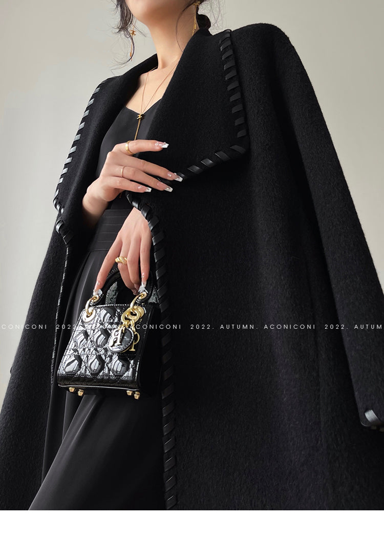 Aconiconi| Full wool coat classic double-sided wool woven belt coat -Nocturne
