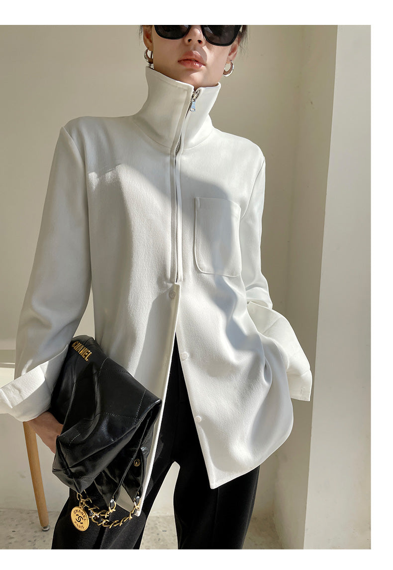 Half zipper white shirt women's autumn shirt- Tiloba