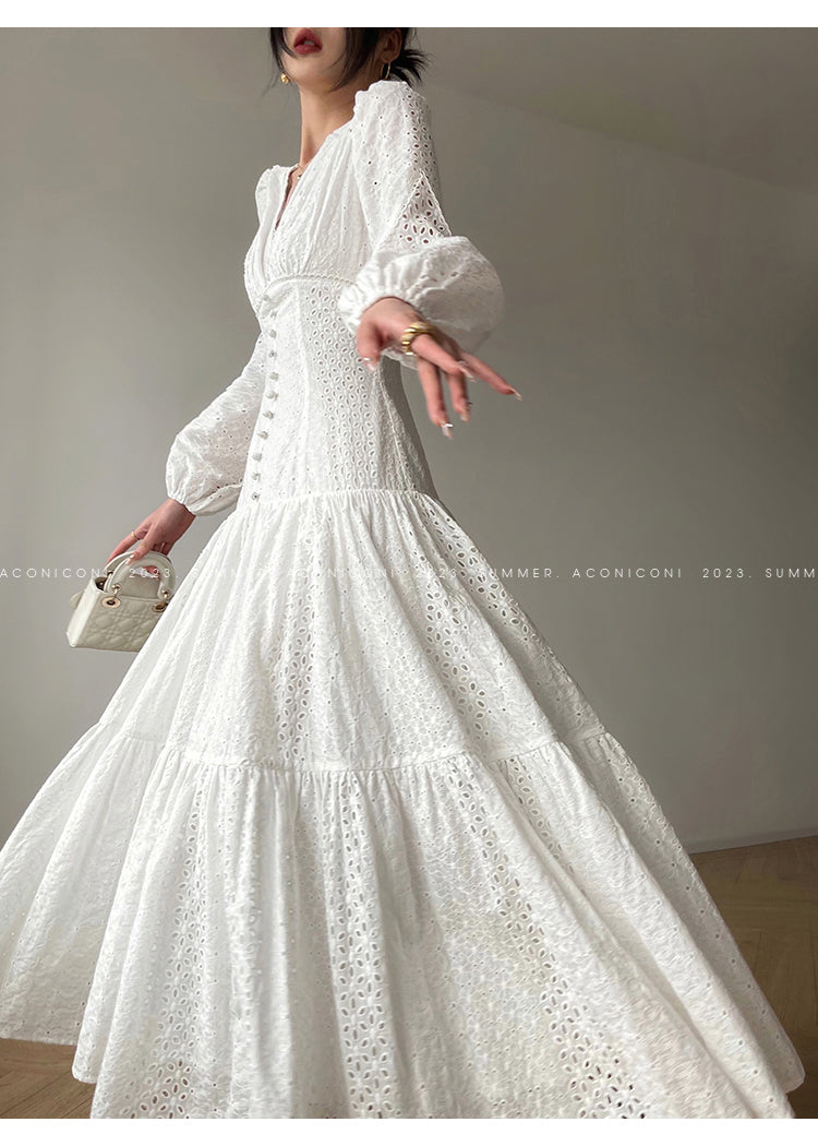 Aconiconi| French coffee break lace cotton white dress - Smoke