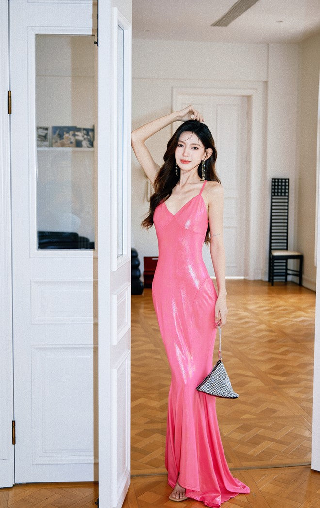DOLLY Luxury Electric Pink Sleeveless Backless Body Hug Long Birthday Dress-SELA