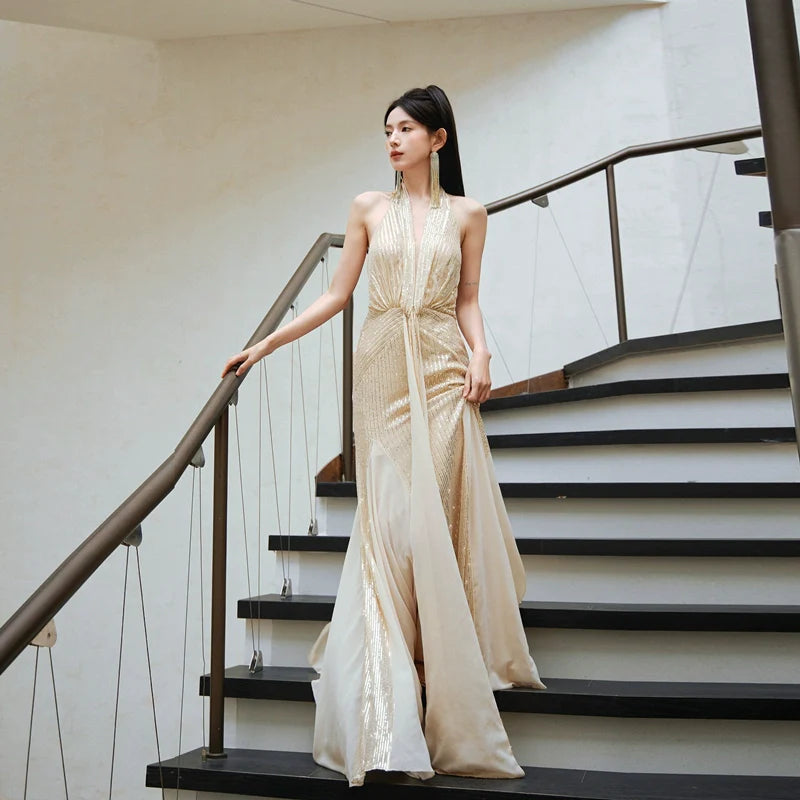 DOLLY Elegant Gold Sleeveless Halter Neck Long Fish Tail Banquet Dress- Carly