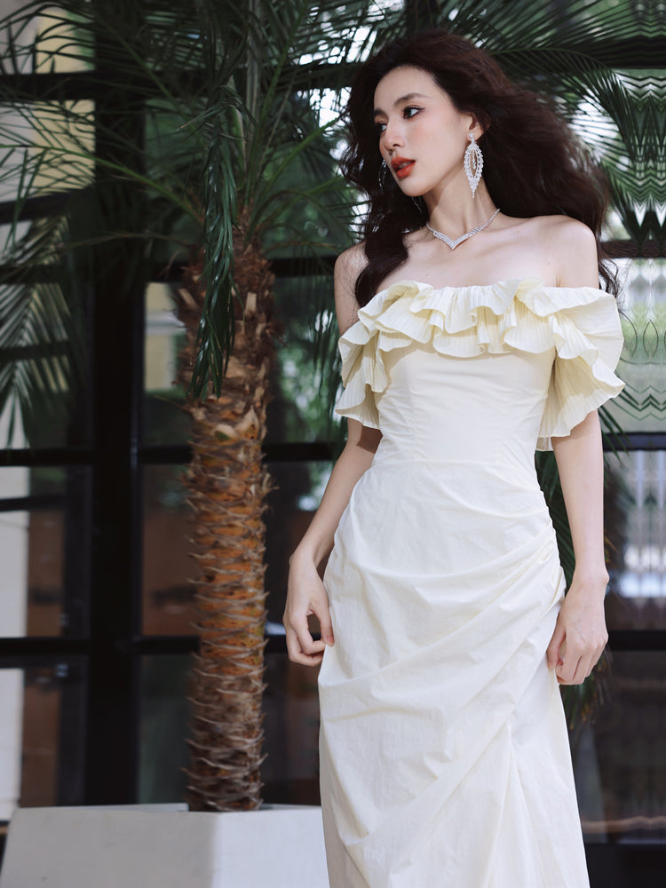 DOLLY Elegant Off White Ruffle Tube Top Long Pleated Wedding Guest Dress-VIVA