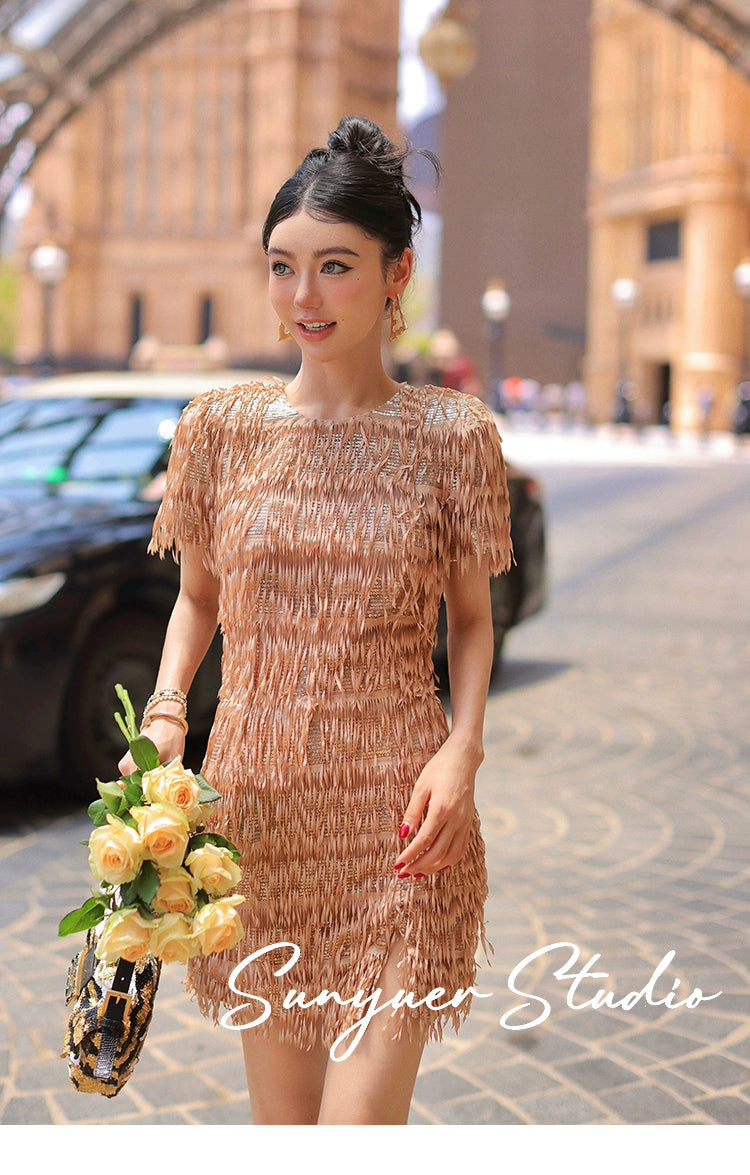 Quality Haute couture hand-cut tassel beaded pieces embroidered cocktail dress