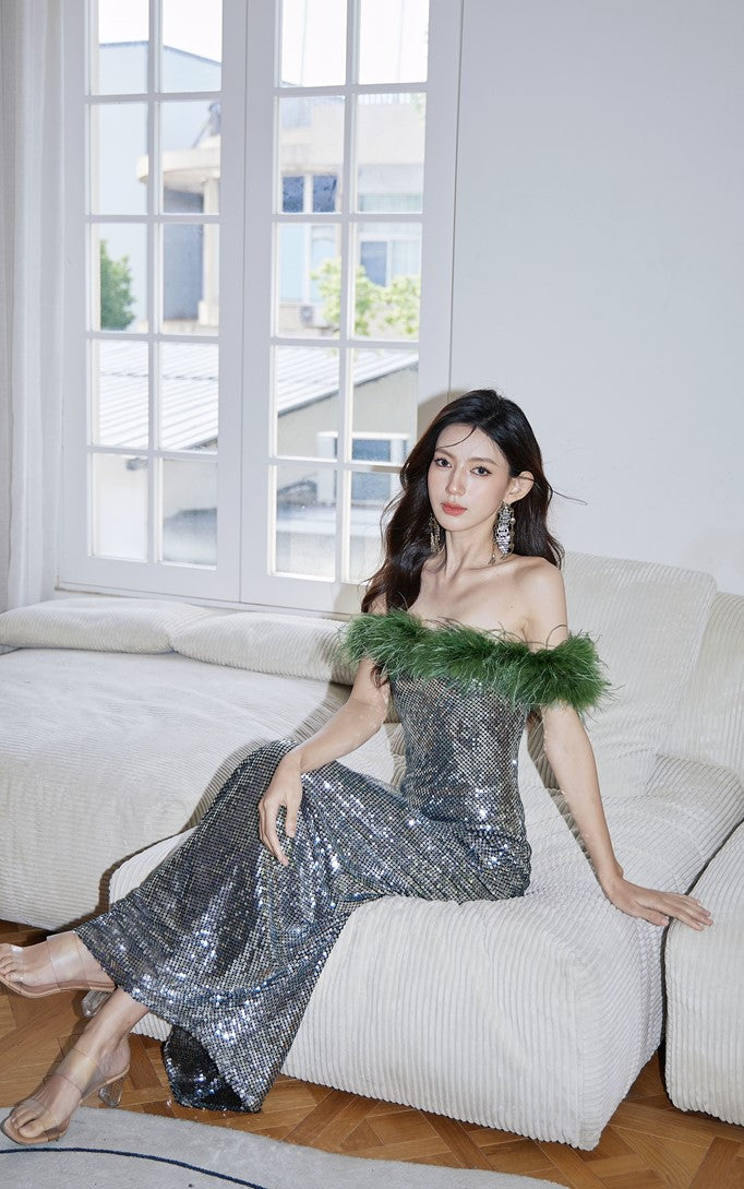 DOLLY Luxury Sliver Retro Style Green Feather Tube Top Long Glitter Party Dress-THEKLA