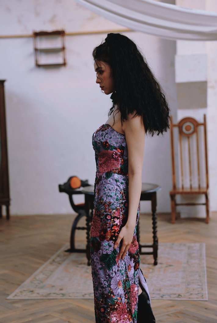 DOLLY Luxury Retro Purple Floral Embroidered Tube Top Long Sequin Party Dress-JOY