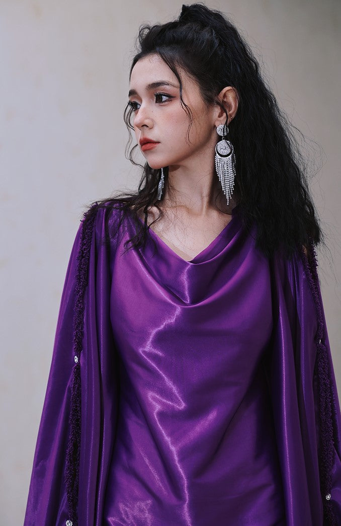 DOLLY Elegant Deep Purple Off Shoulder Swing Collar Short Party Dress-PREETI