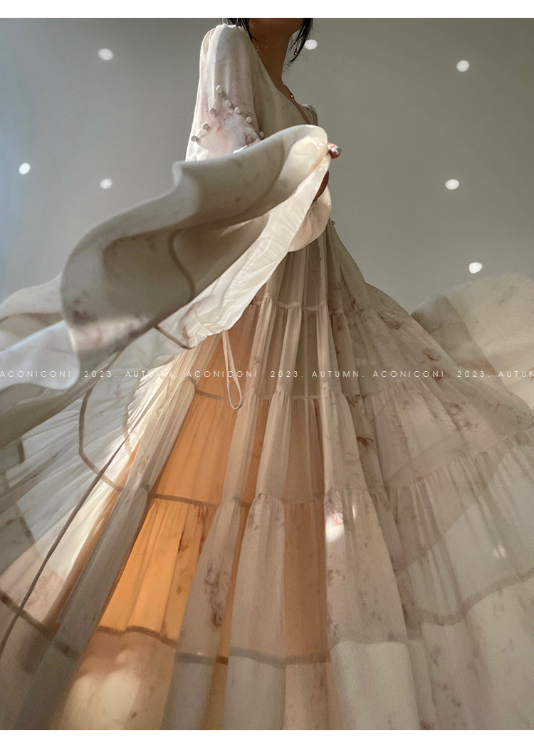 Aconiconi| French print fairy vacation loose chiffon long dress - Huanxi dream