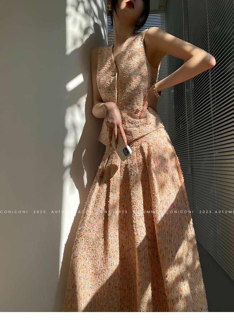Aconiconi| Tweed, high-end vest, shirt,, high-waisted skirt - Anabelle
