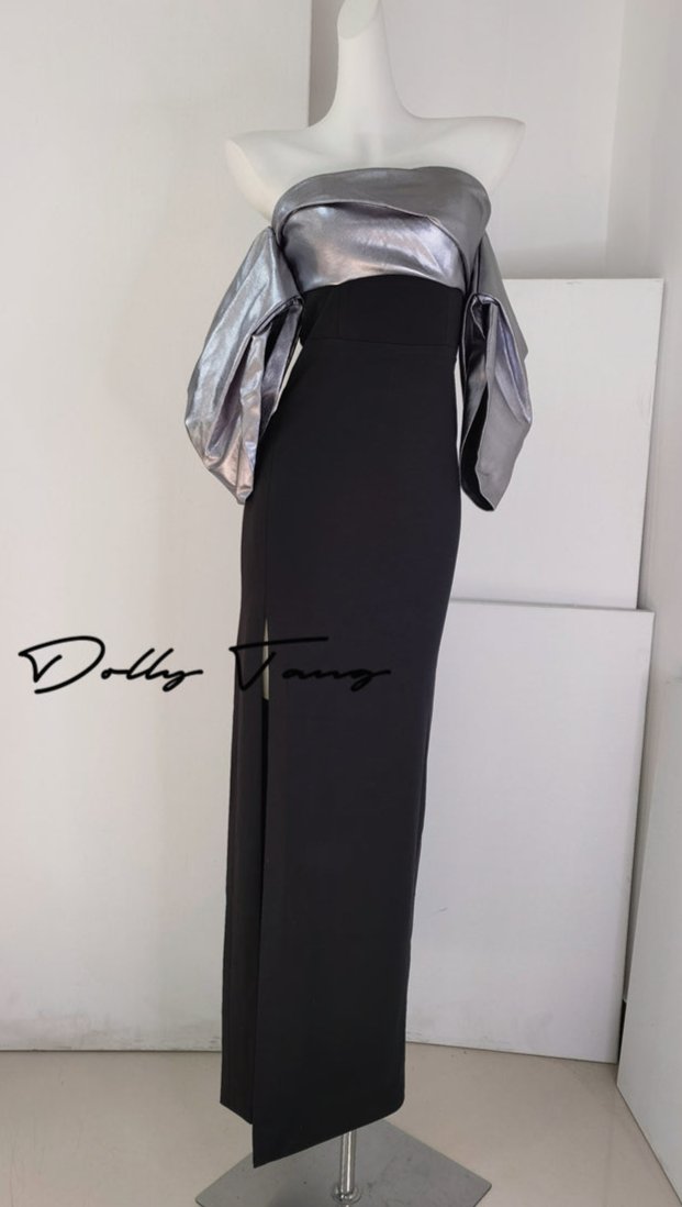 DOLLY High End Sliver/Black Off Shoulder strapless Long Cocktail Dress-MILAN