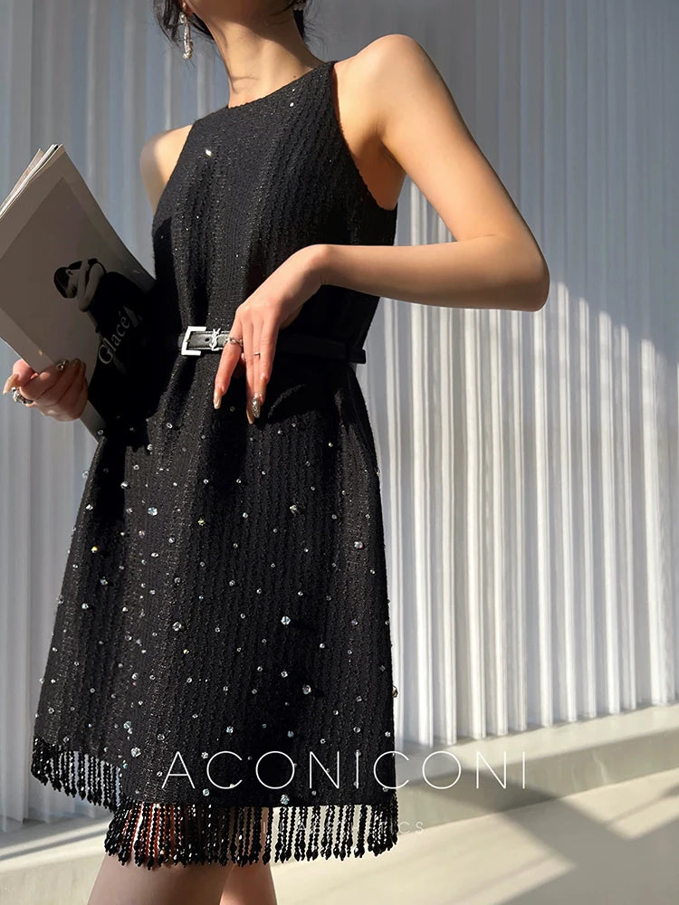 Aconiconi Elegant Black Retro High Waist Diamond Tassel Chic Skirt- Shallow Light