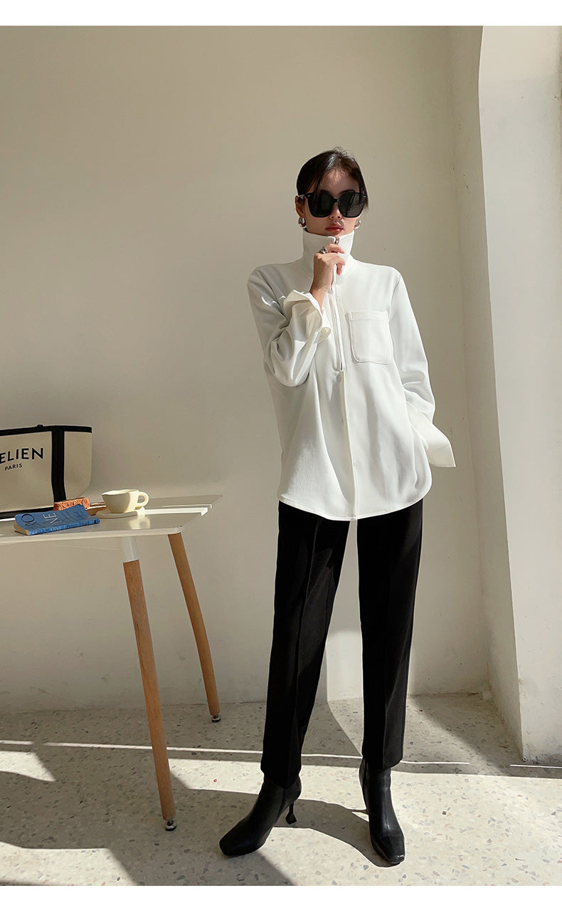 Half zipper white shirt women's autumn shirt- Tiloba