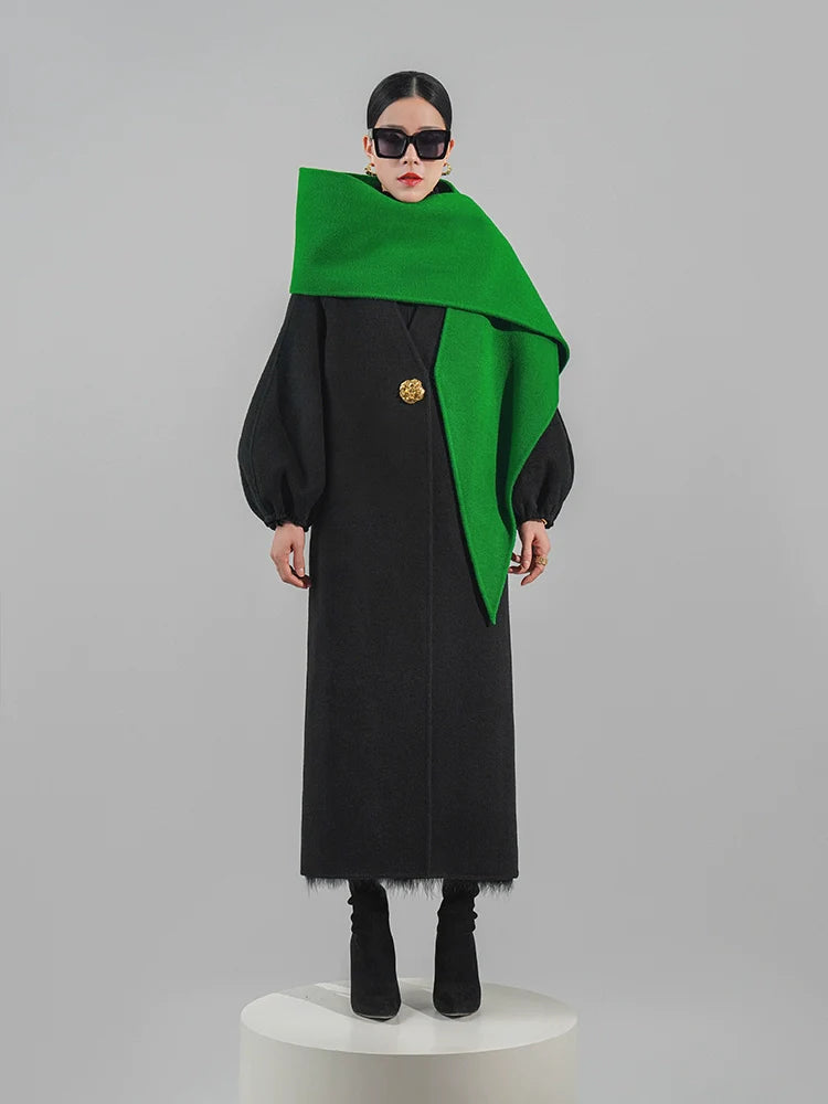 Huanzi designer double-sided cashmere coat mid-length contrast autumn winter wool coat - Time