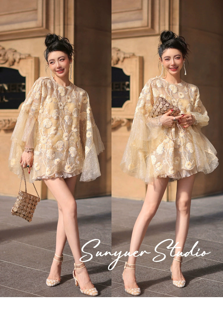 Exquisite Three-dimensional flower cape top + gilt wavy short suit set - Ilyia