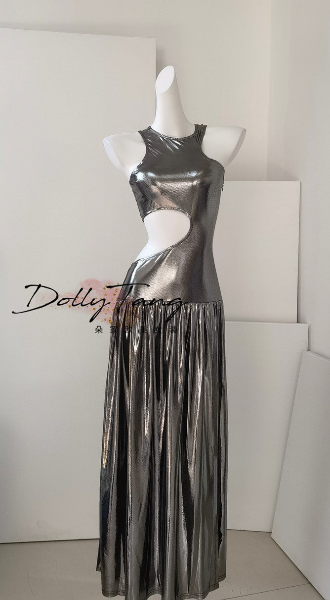 DOLLY High End Liquid Sliver Grey Crew Neck Sleeveless Pleated Street Dress-LEZY
