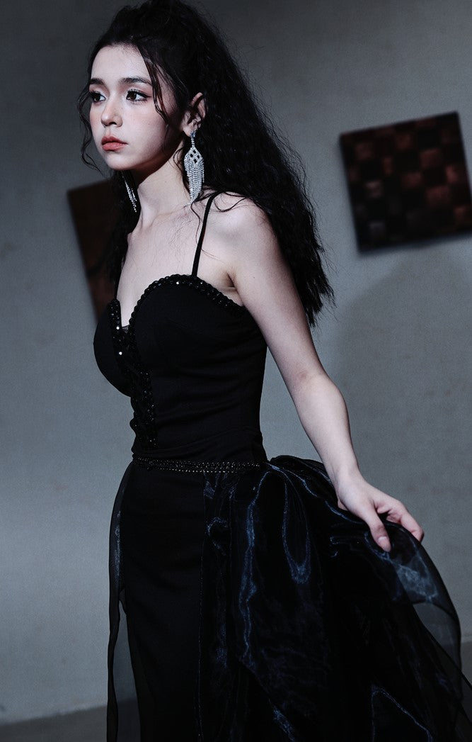 DOLLY Elegant Retro Black V-Neck Sleeveless High Waist Ribbon Cocktail Dress-BAMBI (V)