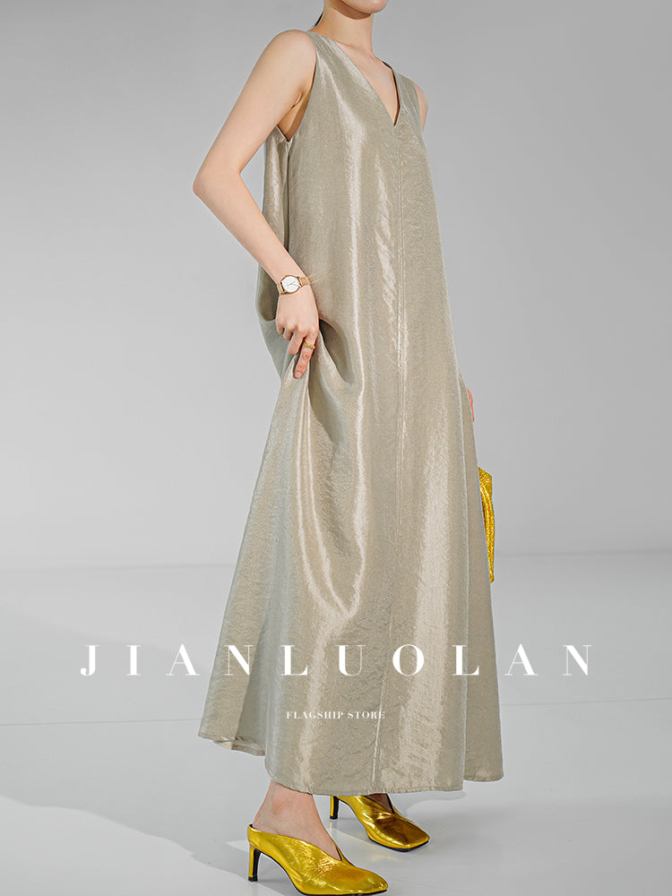 Huanzi custom high-end long sleeveless V-neck dress summer - Miel