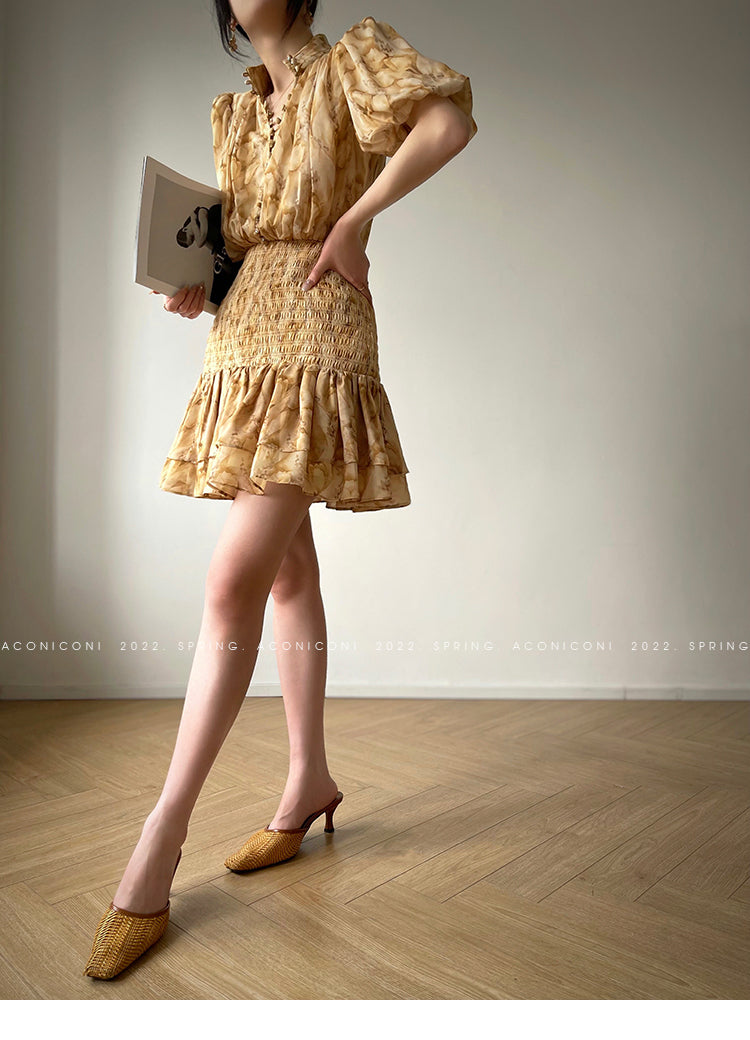 Aconiconi V-Neck Short Sleeve Dress- Pineapple Tower