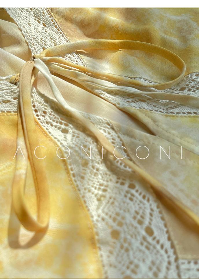 Aconiconi Luxury Yellow V-Neck Print Long Sleeve Loose Resort Dress- Huaye Mucheng