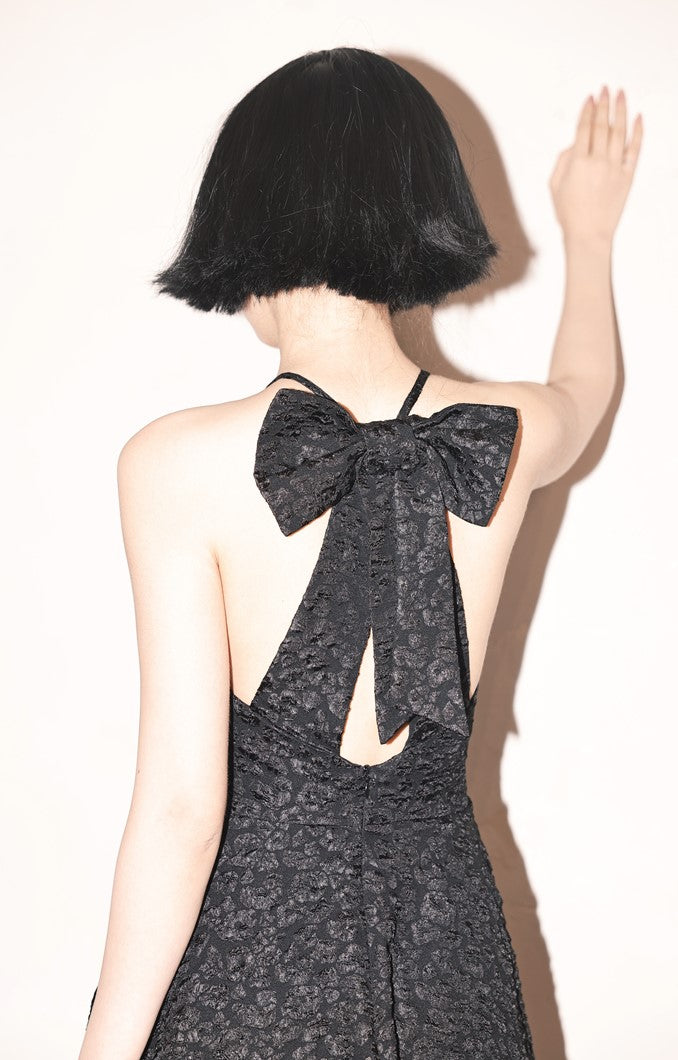 DOLLY Luxury Black Bow Halter Neck Backless High Waist Short Birthday Dress-Crystal