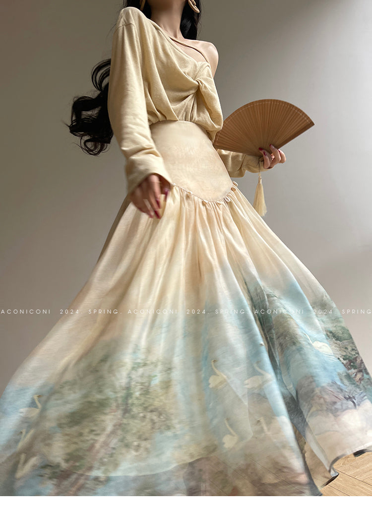 Aconiconi| Louvre Picture Reflection printed halter neck maxi skirt vacation dress - Miinia