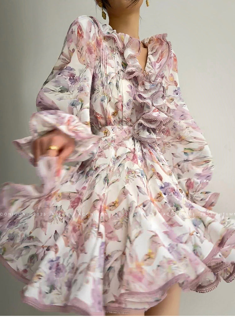 Aconiconi| High end designer printed top shirt + A-line skirt suit - Hyacinth