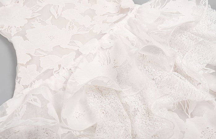 DOLLY Elegant White Flower Embroidery Lace Ruffle Layered Dinner Dress-DAISY (V)