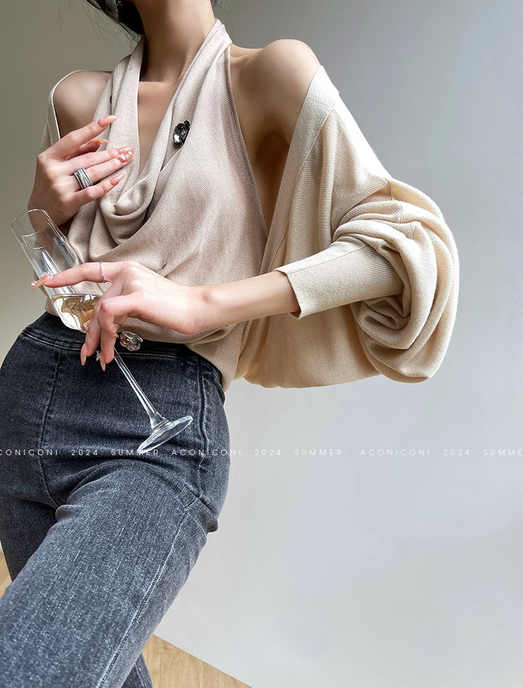 Aconiconi Luxury Deep Cowl Halter Neck Sleeveless Sequin Flower Top- Dream of Flowing Light