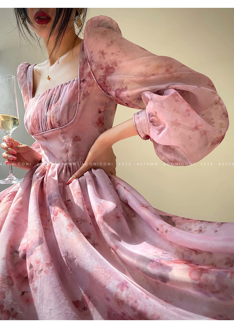 Aconiconi| French dress printed fairy long sleeves dress -Begonia Never Sleeps