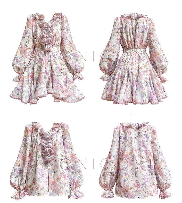 Aconiconi| High end designer printed top shirt + A-line skirt suit - Hyacinth