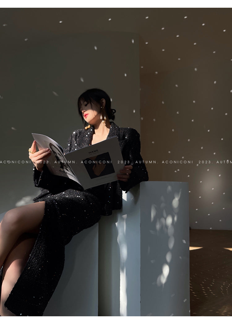 Aconiconi Tweed Sequins Fragrance Dress Skirt Loose Blazer Skirt