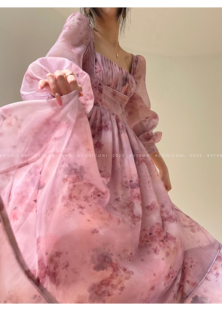 Aconiconi| French dress printed fairy long sleeves dress -Begonia Never Sleeps