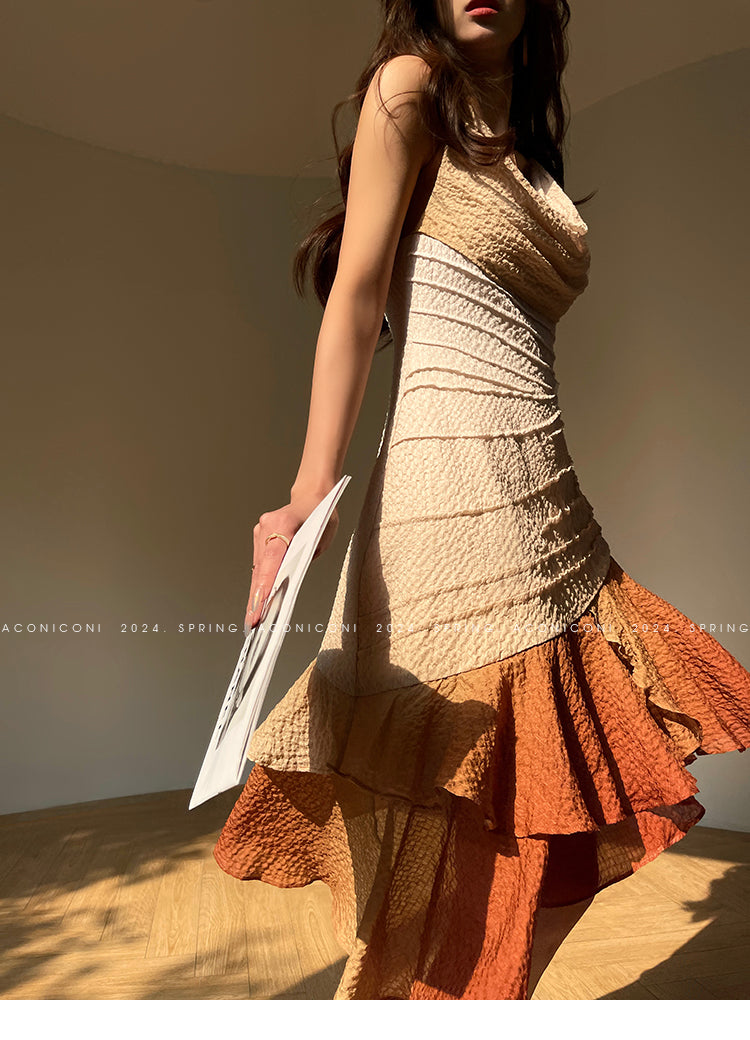 Aconiconi Luxury Sleeveless cowl neck ombre pleated hem Dress- Long Island Iced Tea