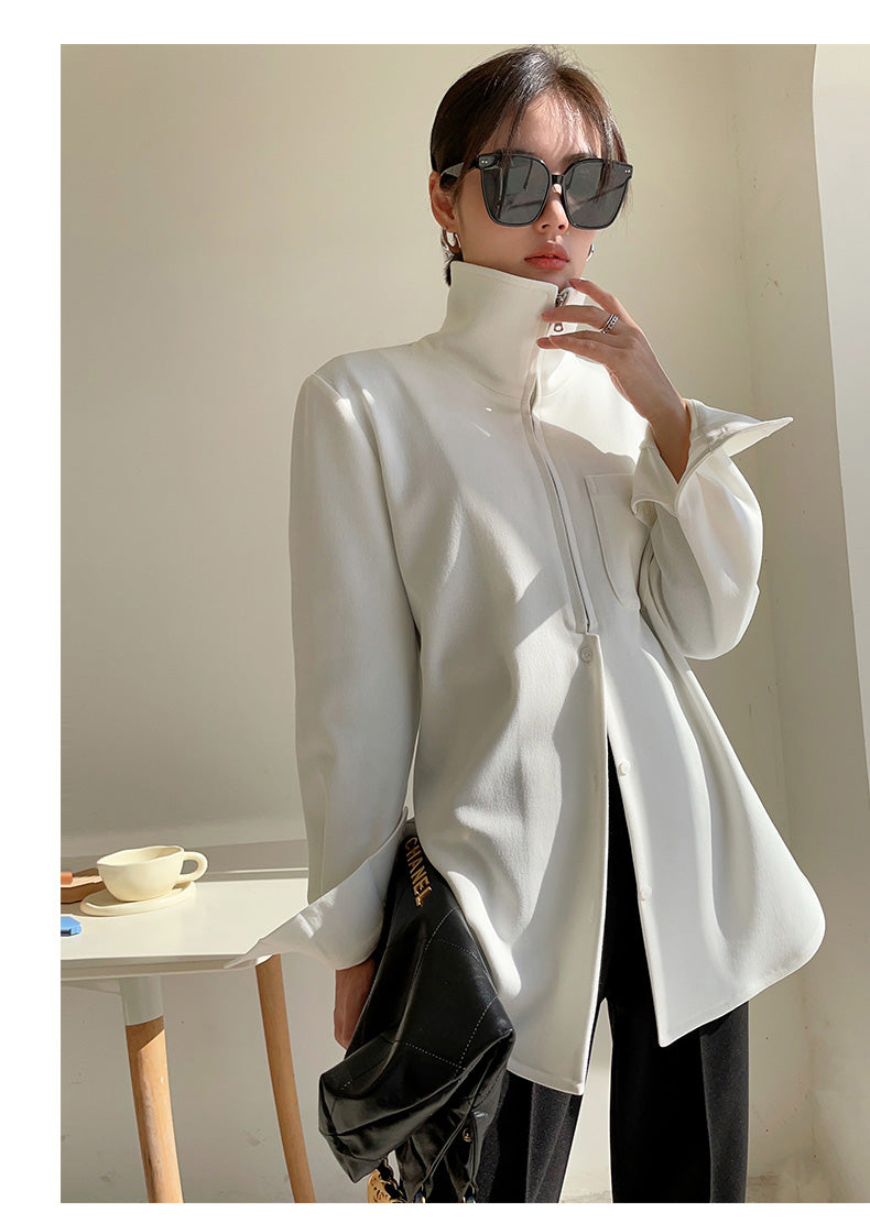 Half zipper white shirt women's autumn shirt- Tiloba