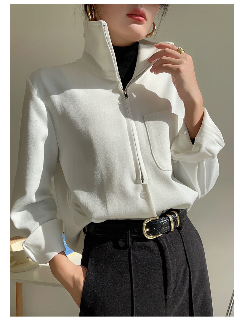Half zipper white shirt women's autumn shirt- Tiloba