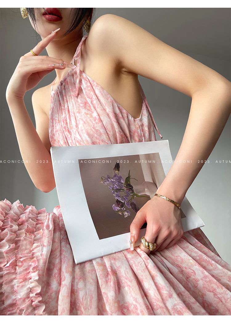 Aconiconi| halter-neck summer broken flowers vacation holiday style fairy dress - cherry blossom