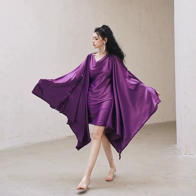 DOLLY Elegant Deep Purple Off Shoulder Swing Collar Short Party Dress-PREETI