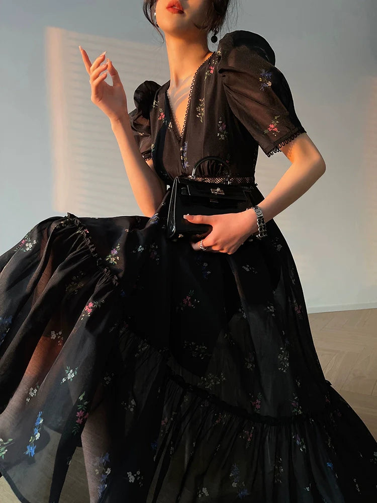 Aconiconi Luxury Black Retro Floral Print V-Neck Slim Waist Midi Cocktail Dress- Dark Fragrance